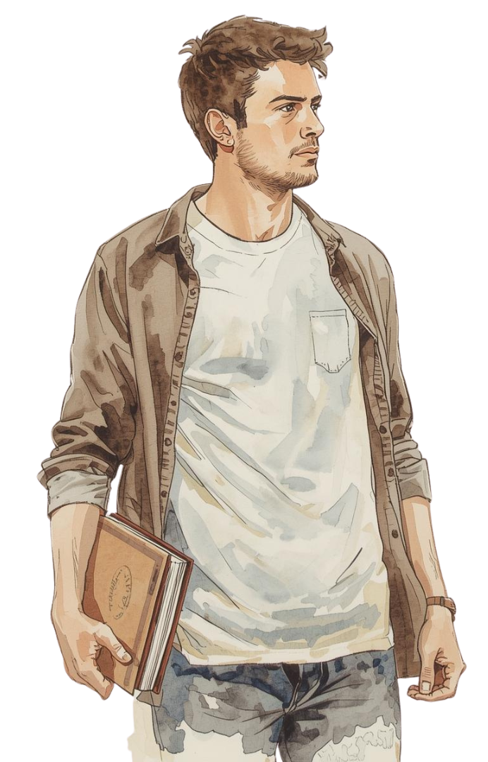 Illustration eines jungen Mannes mit Buch in der Hand, der nachdenklich zur Seite blickt – symbolisiert die Rolle des Mannes und gemeinsame Verantwortung beim Thema Kinderwunsch.