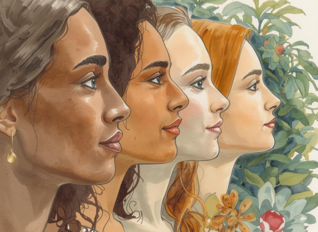 Illustration von vier Frauen mit unterschiedlichen Hauttönen und Merkmalen im Profil nebeneinander, die Vielfalt und Individualität symbolisieren, vor einem natürlichen Hintergrund mit Pflanzen – steht für unterschiedliche Wege und Hoffnung rund um das Thema Kinderwunsch.