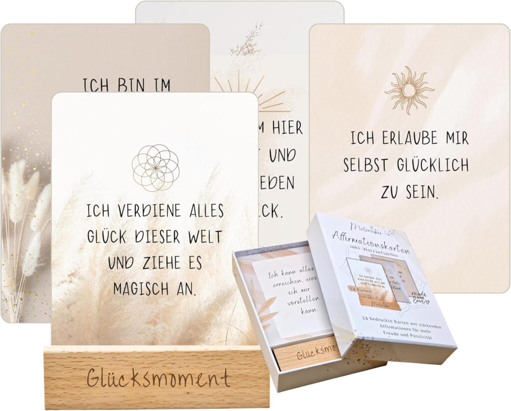 40 Affirmationskarten inkl. Box + Holzständer 10x12cm Motivationskarten Achtsamkeit für Erwachsene für positive Gedanken, Selbstliebe, FSC-zertifiziert (Motivation & Positivität)