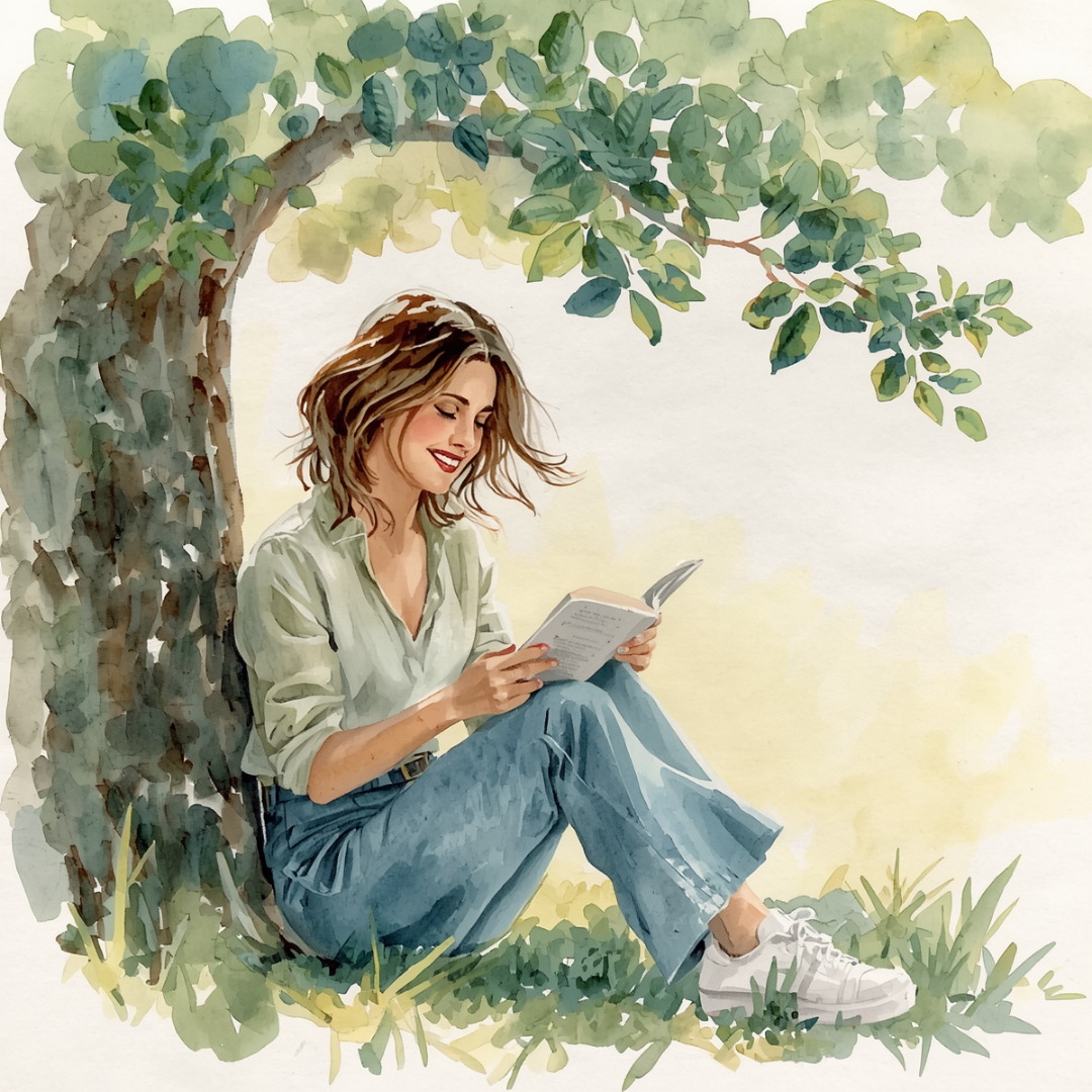 Affirmationen Kinderwunsch eine Frau sitzt unter einem Baum lächelt und liest. Das Bild ist in aquarell