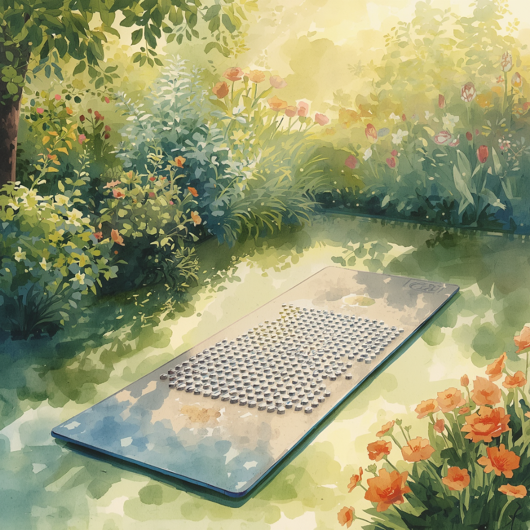Eine Akkupressurmatte liegt im Wald, umrahmt von Bäumen und blühenden Blumen - in aquarell
